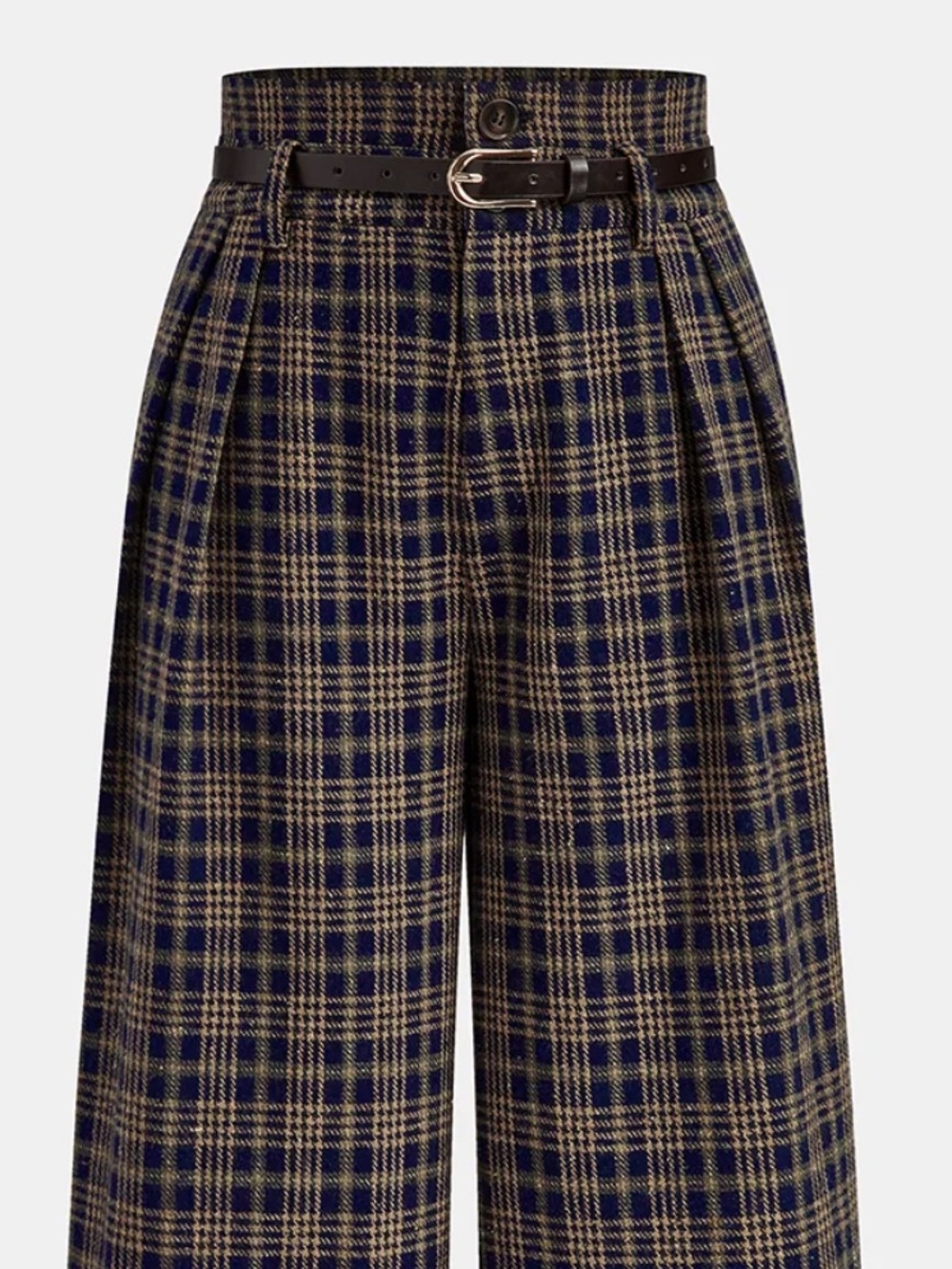 Commense Wide-Leg Plaid Trousers with Belt - Navy & Tan Large - Picture 3 of 3